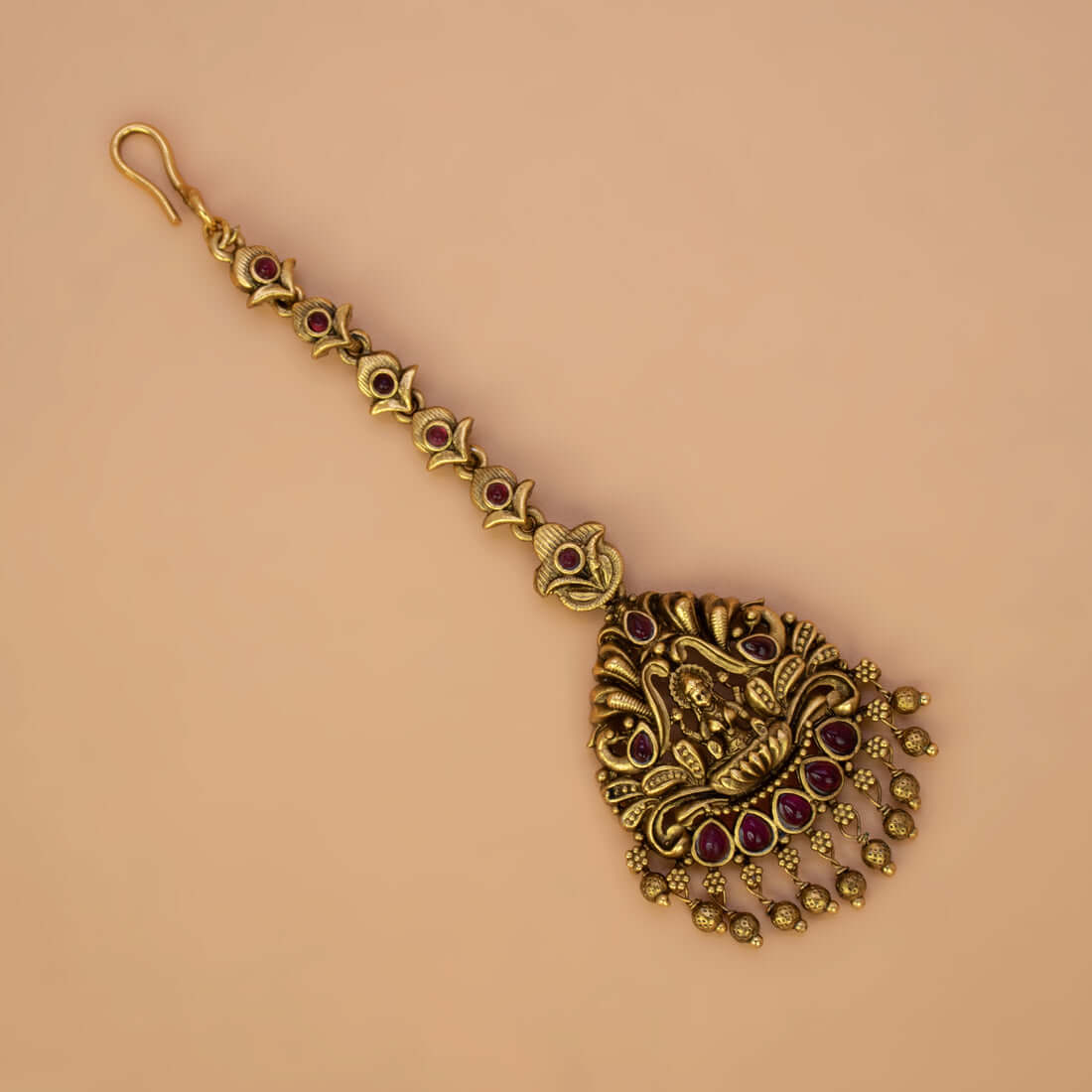 Antique Lakshmi Peacock Kemp Stone Maang Tikka - Ruby red