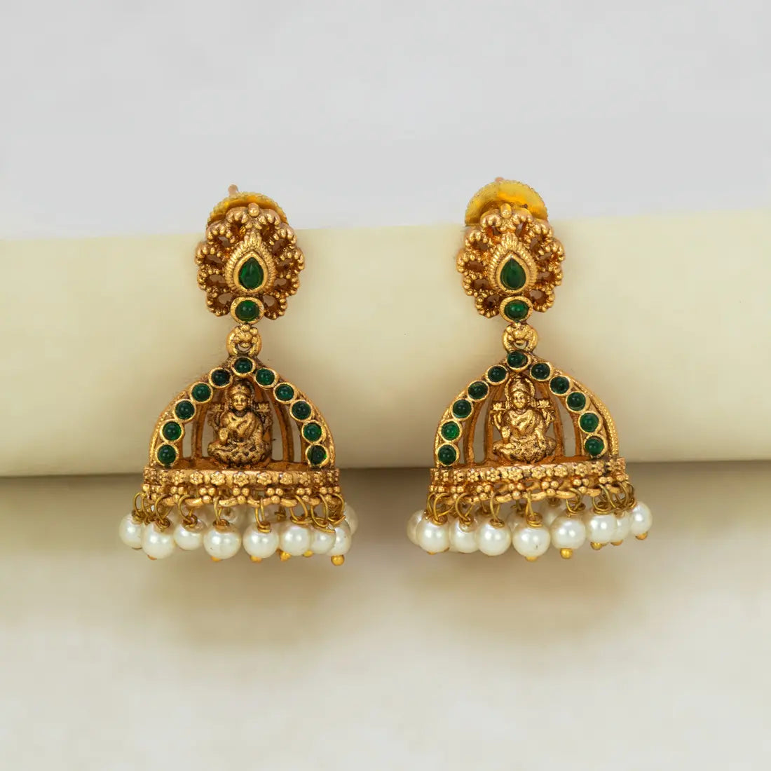 Antique Gold Plated Kemp Lakshmi Temple Jhumka - Green