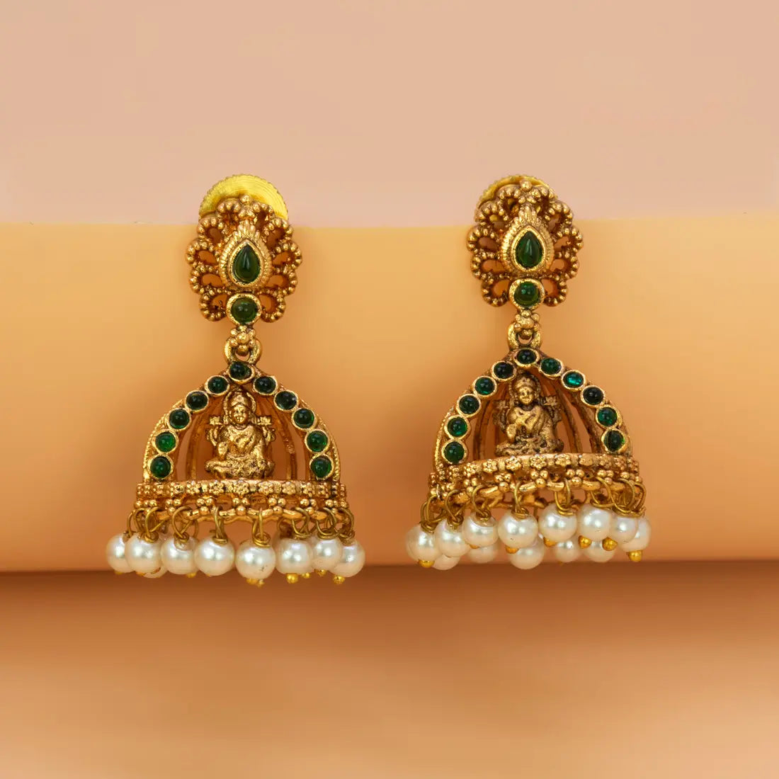 Antique Gold Plated Kemp Lakshmi Temple Jhumka - Green