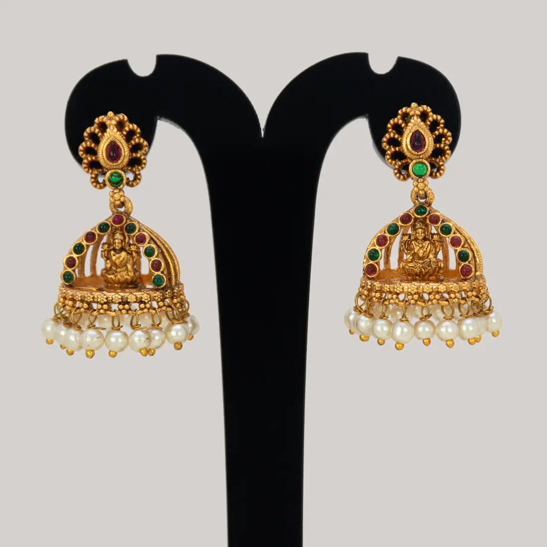 Antique Gold Plated Kemp Lakshmi Temple Jhumka - Multi-colour