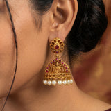 Antique Gold Plated Kemp Lakshmi Temple Jhumka - Ruby Red