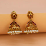 Antique Gold Plated Kemp Lakshmi Temple Jhumka - Ruby Red