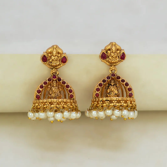 Antique Red Kemp Stone Lakshmi Jhumka Earrings