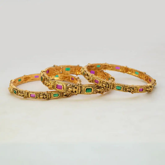 Antique Gold Plated Lakshmi Multi-Colour Stone Bangle Set