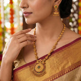 Antique Gold Beaded Multi-Colour Kemp Long Necklace Set worn by model, showcasing intricate design and vibrant kemp stones.