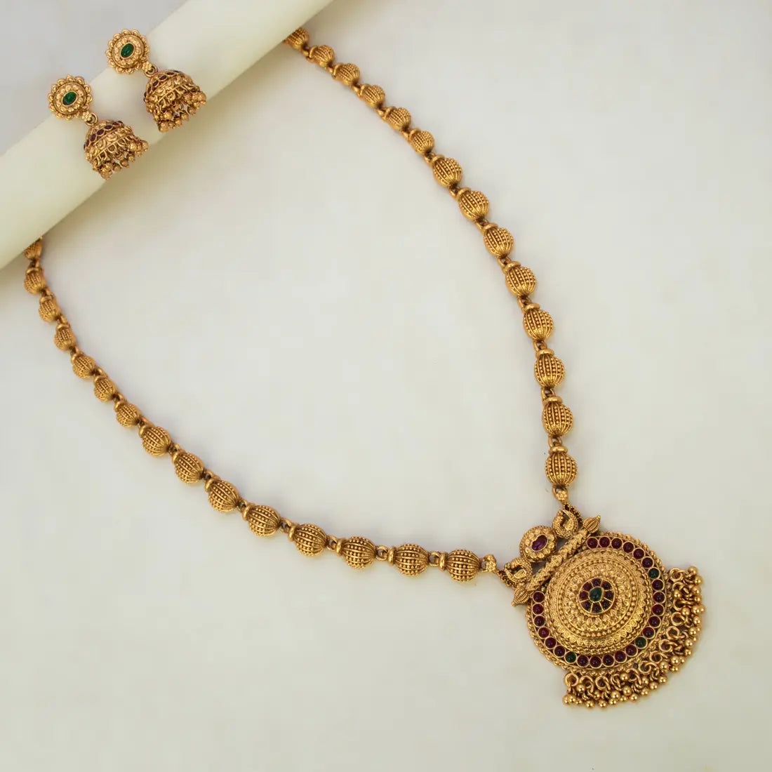 Antique Gold Beaded Multi-Colour Kemp Long Necklace Set with ornate pendant and matching earrings.
