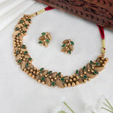 Antique Gold Plated Leaf Kemp Stone Necklace Set- Green