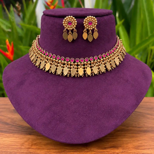 Antique Kemp Stone Elakkathali Necklace Set-Ruby