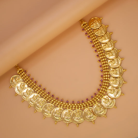 South Indian Big Lakshmi Kasu Ruby Stone Necklace