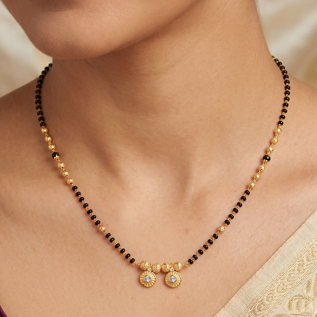 Gold Plated CZ Stone Disc Pendant Mangalsutra Necklace