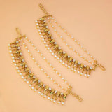Floral Gold Plated Ruby Emerald CZ Pearl Ear Chain showcasing intricate gold motifs and cascading pearl layers.