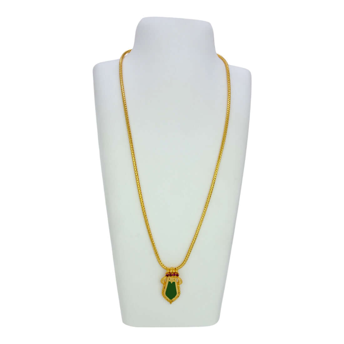 Trendy Gold Plated Small Nagapadam Pendant Necklace displayed on a white bust with green enamel and ruby accents.