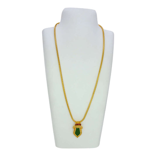 Trendy Gold Plated Small Nagapadam Pendant Necklace displayed on a white bust with green enamel and ruby accents.