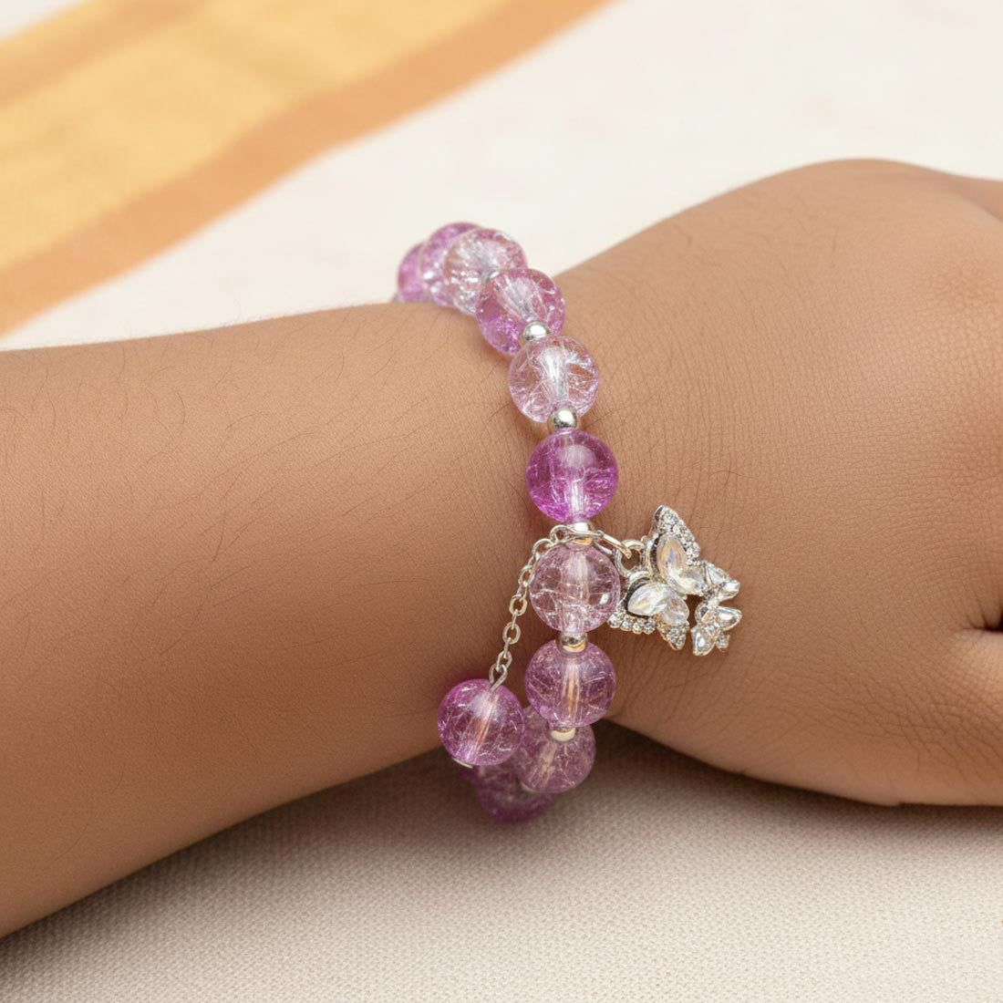 Crackle-Majenta-Crystal-Beaded-Butterfly-Charm-Bracelet