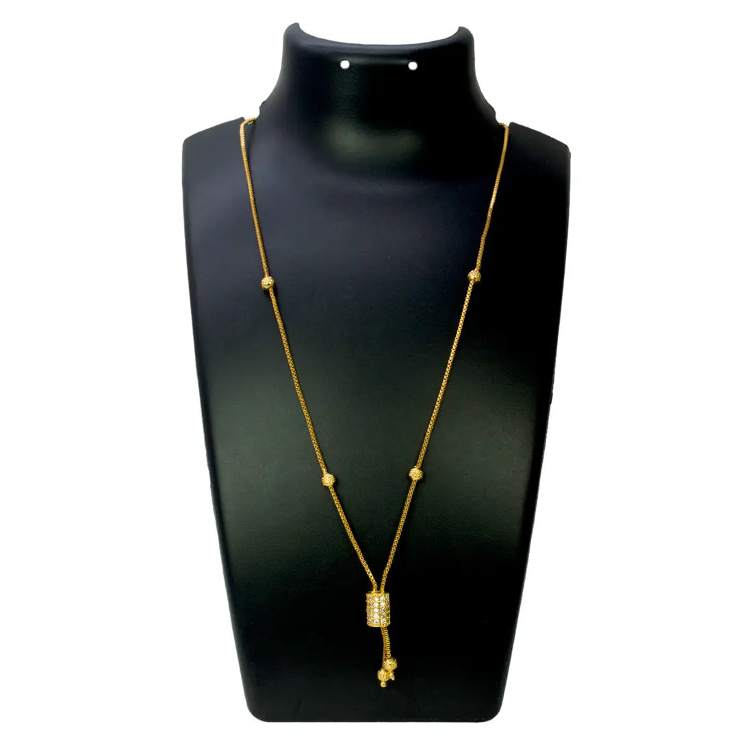 Elegant Gold Plated Cylindrical Stone Pendant Chain showcased on a necklace stand.