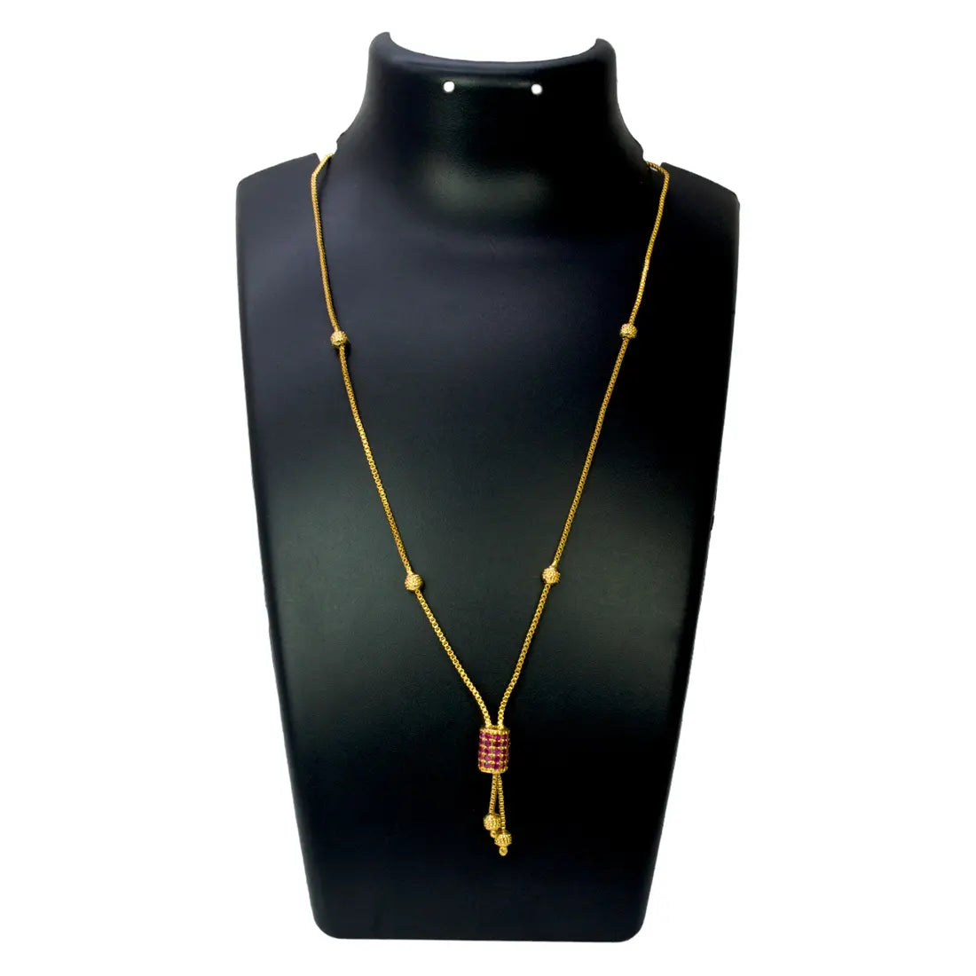 Elegant Gold Plated Cylindrical Stone Pendant Chain displayed on a black neck stand, showcasing its stylish design.