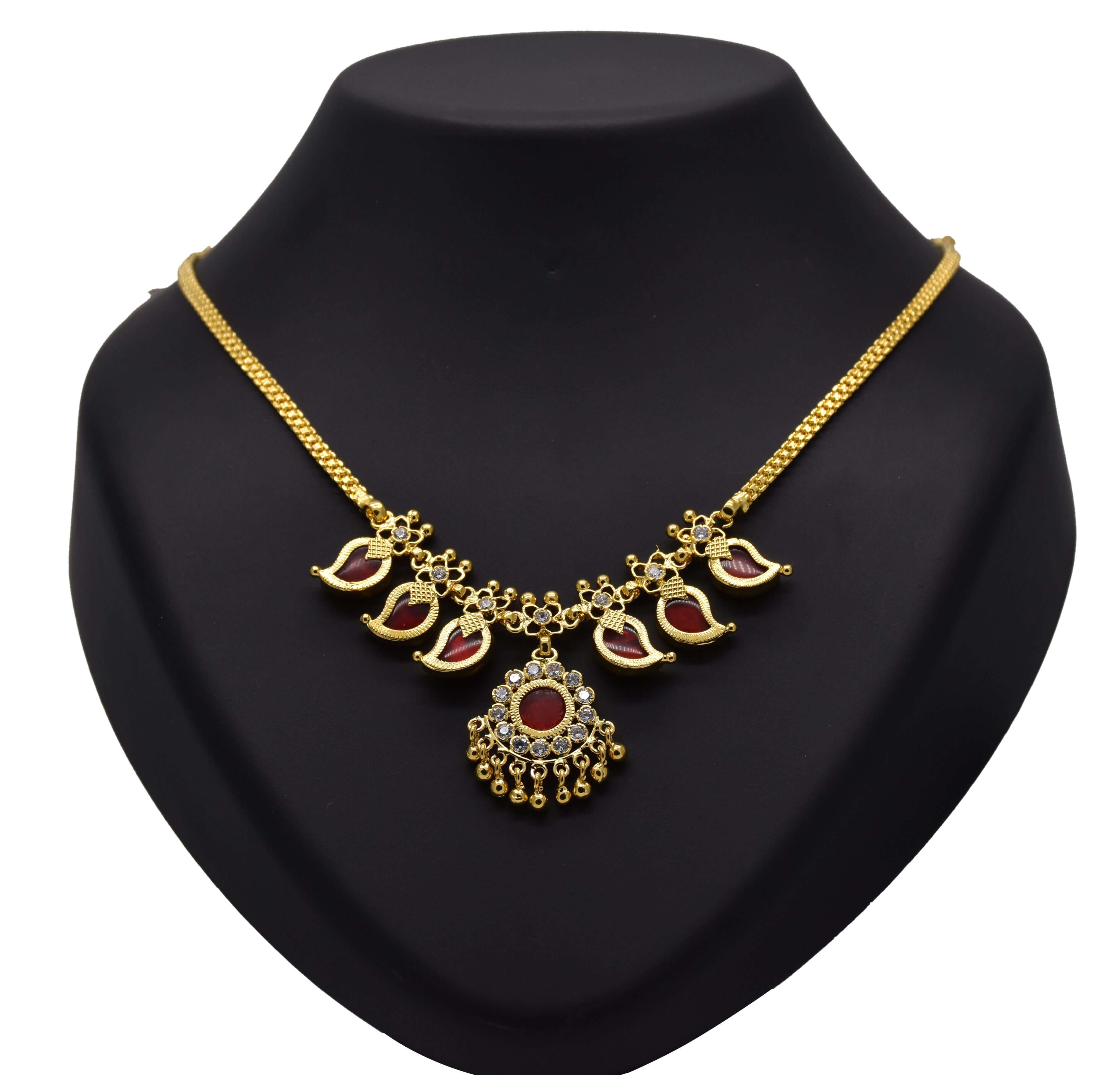 Kerala Traditional Gold Plated Short Mango Necklace- 3 Stone- Red