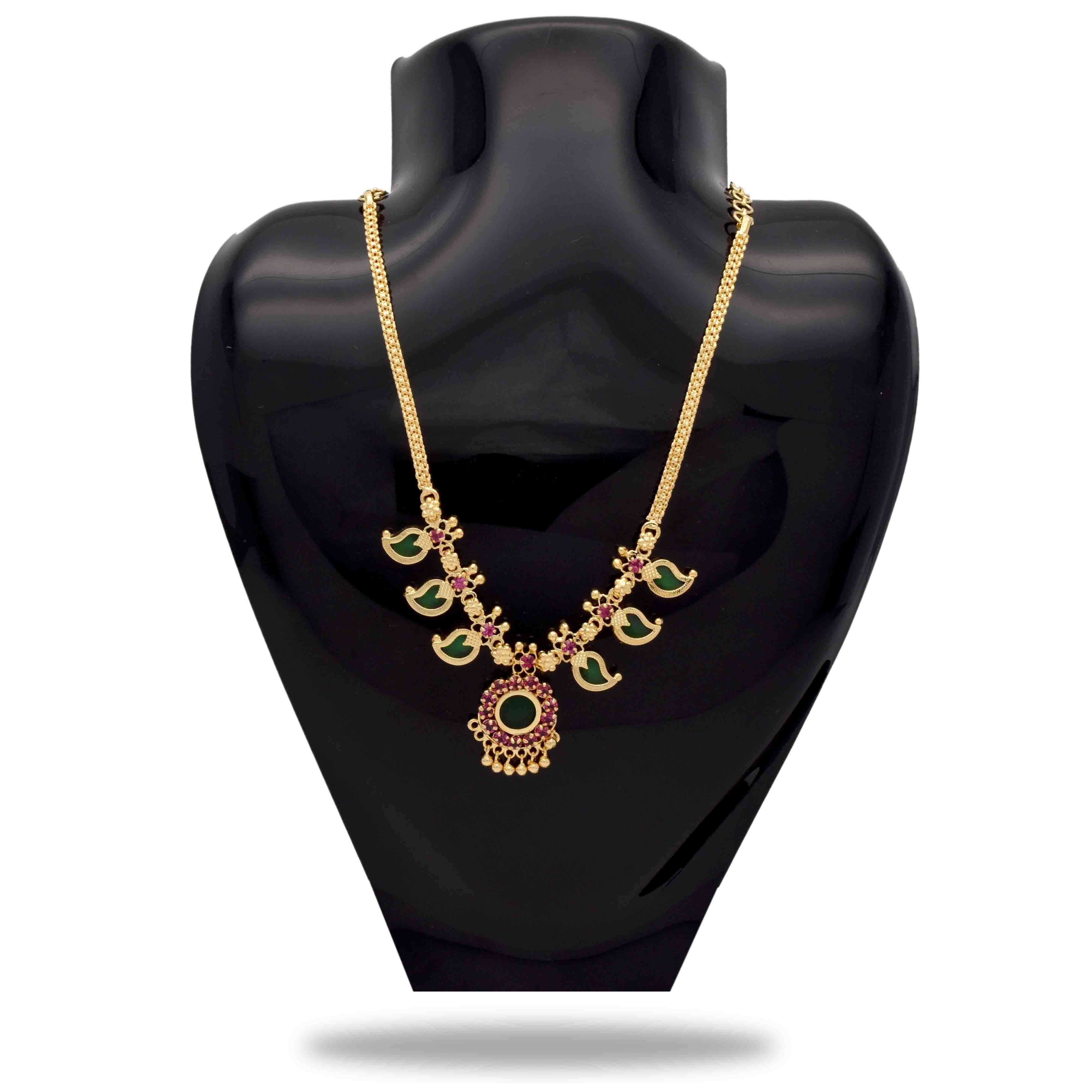Kerala Traditional Gold Plated Short Mango Necklace- 3 Stone- Green