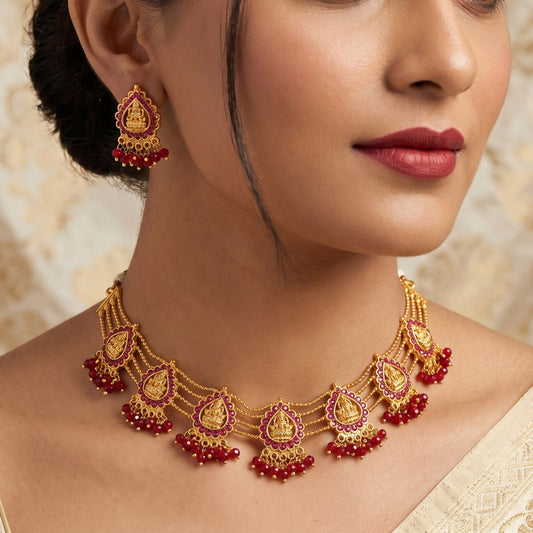 Divine Gold Plated Ruby Lakshmi Crystal Choker Necklace Set