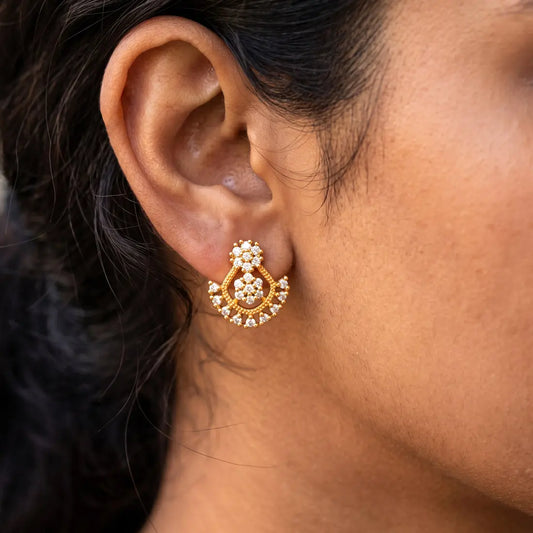 Dual Floral Design Gold Plated CZ Stone Stud Earrings