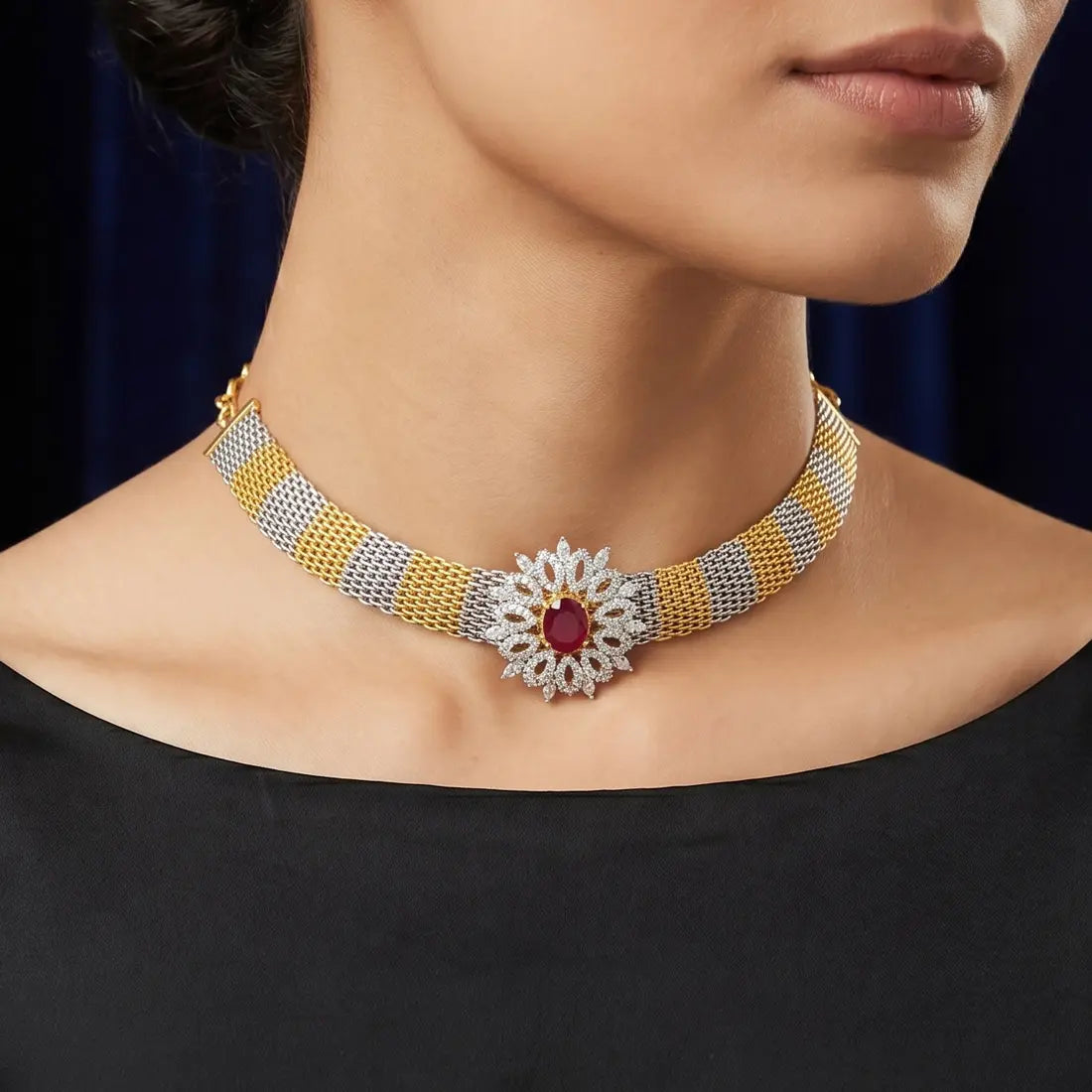 Two-Tone Designer Bridal CZ Ruby Choker
