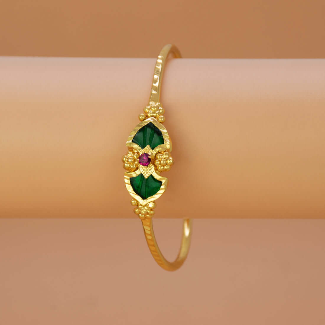 Elegant Gold-Plated Double Palakka Bangle for Women featuring green palakka motifs and ruby stone embellishments.