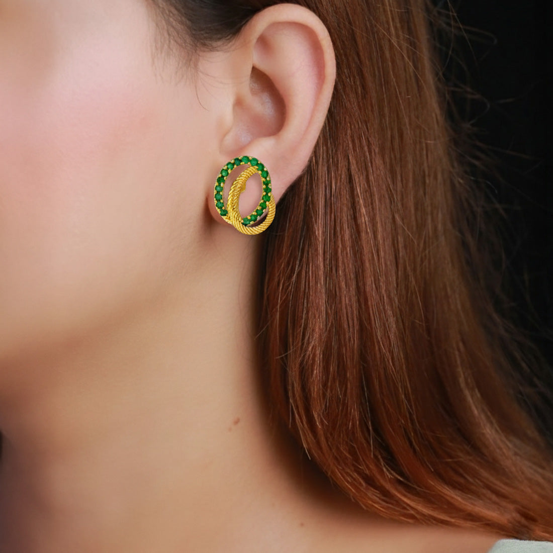 Elegant Gold-Plated Emerald Stone Swirl Stud Earrings