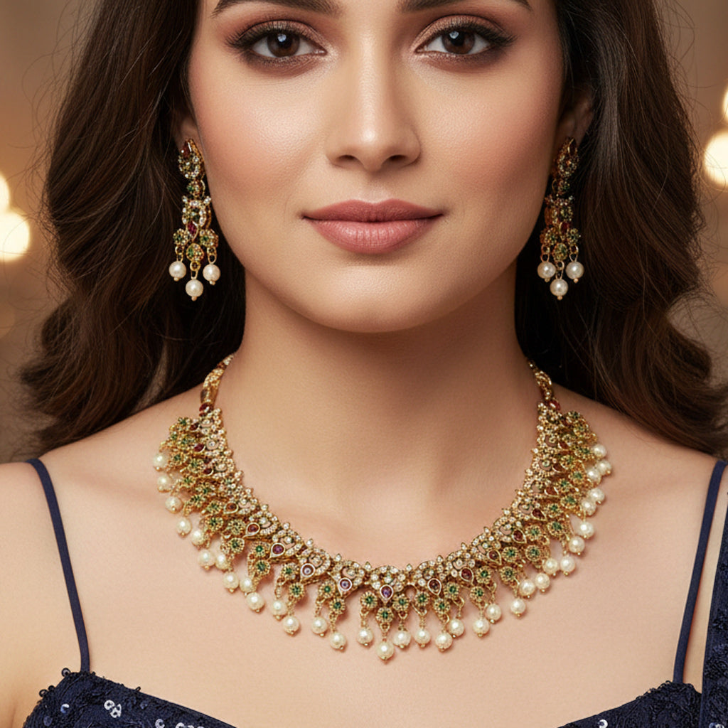 Elegant Multi Colour Stone Pearl Hanging Necklace Set