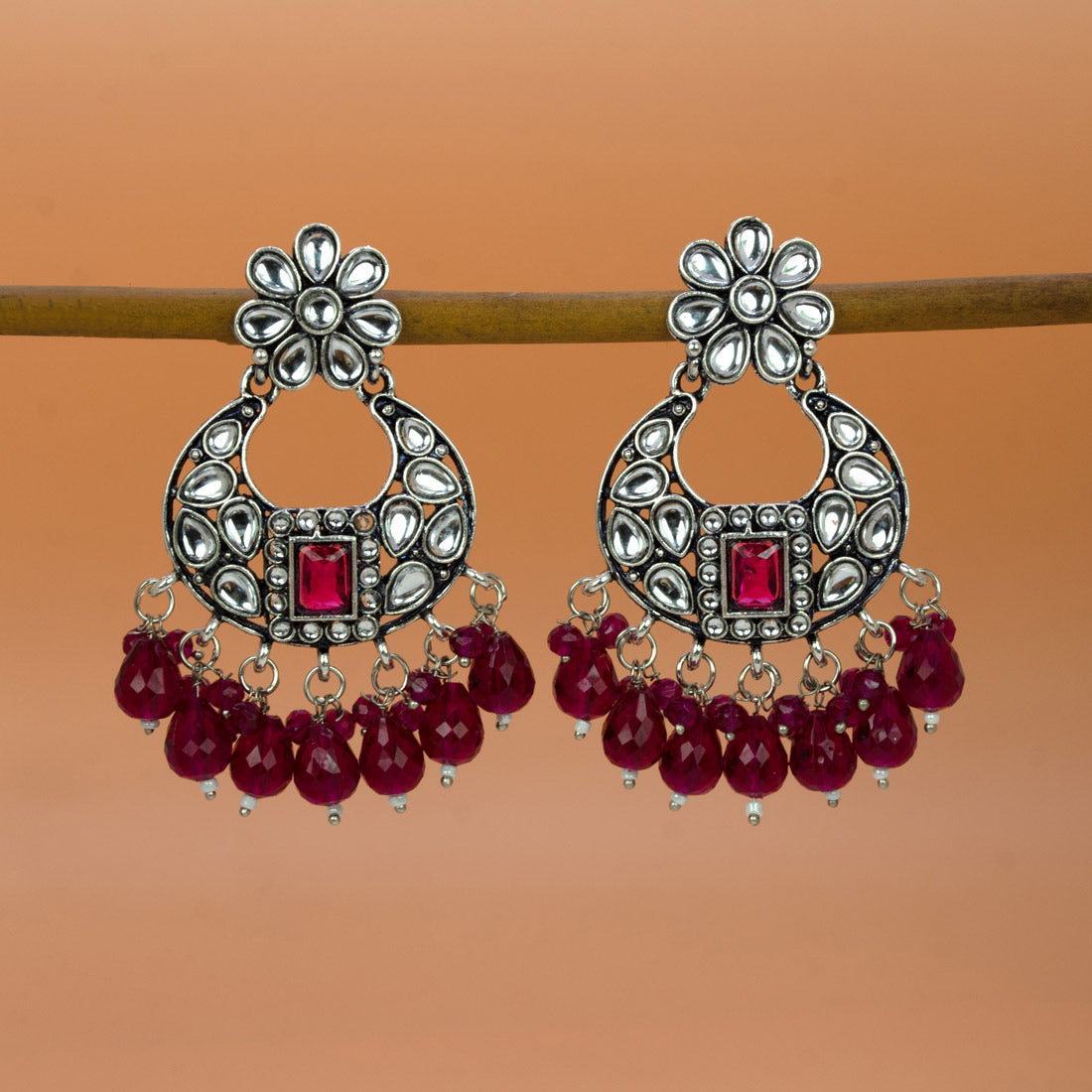 Oxidized Silver Floral Chandbali Crystal Earrings