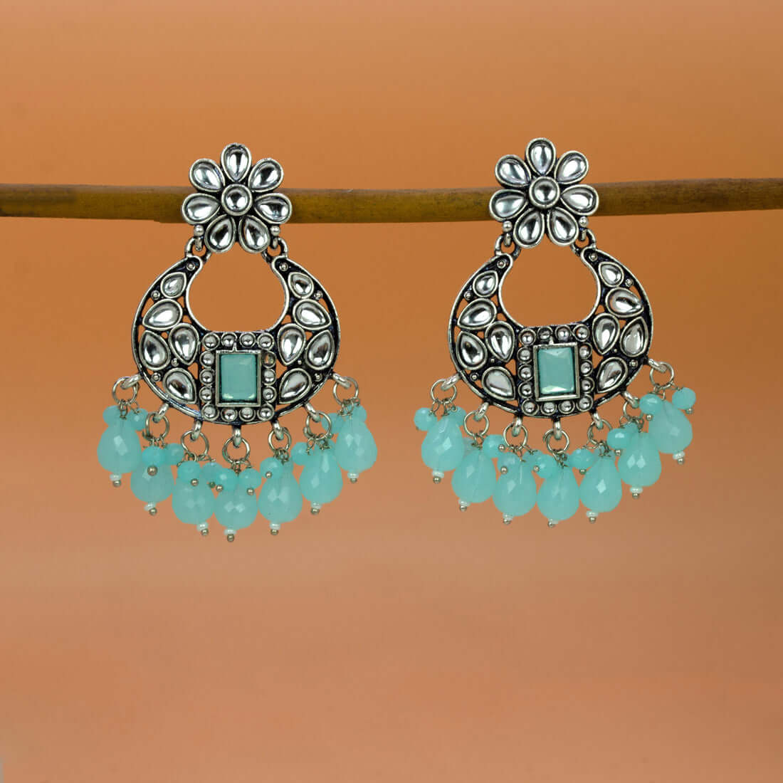 Oxidized Silver Floral Chandbali Crystal Earrings