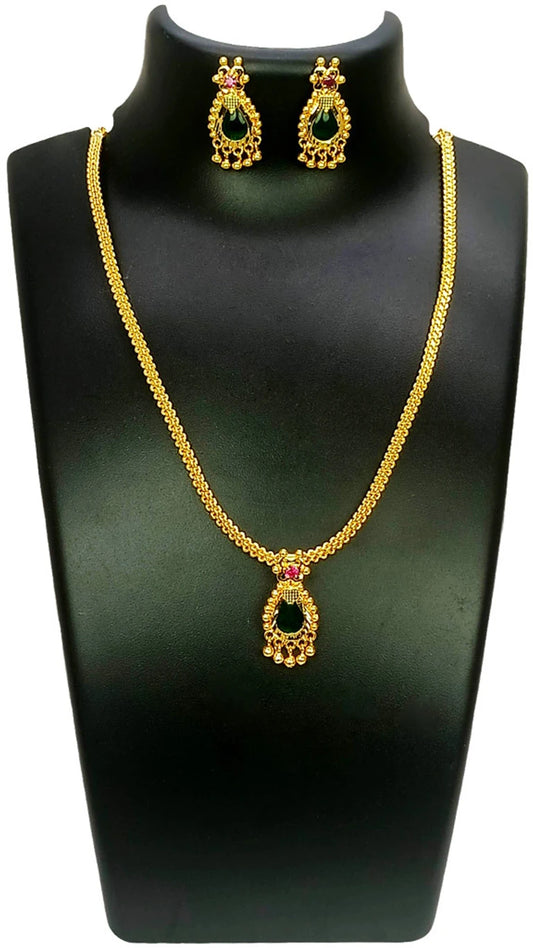 Elegant Gold Plated Green Nagapadam Pendant Set featuring a necklace and earrings with ruby accents.