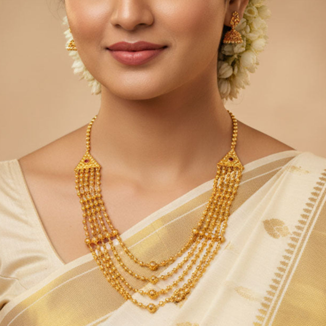 Elegant Five-Strand Designer Golden Beads Layer Necklace