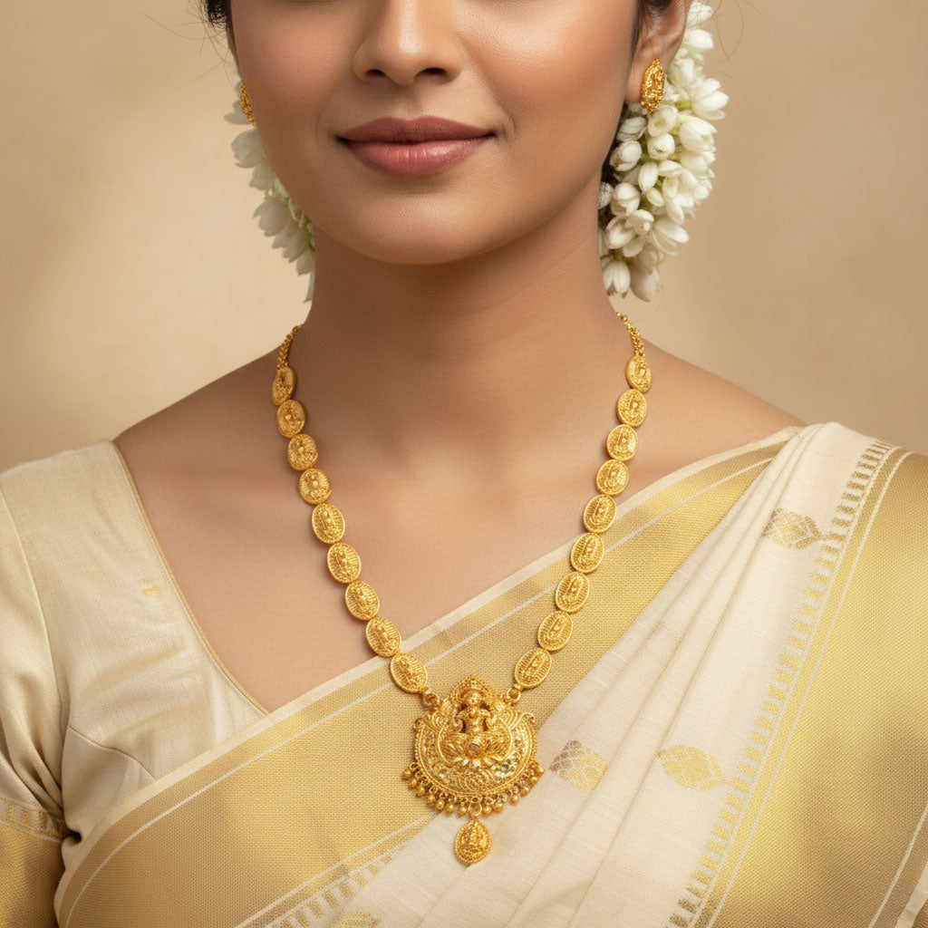എത്‌നിക് മാറ്റ് ഗോൾഡ് ഫോമിംഗ് ലക്ഷ്മി ടെമ്പിൾ നെക്ലേസ് 