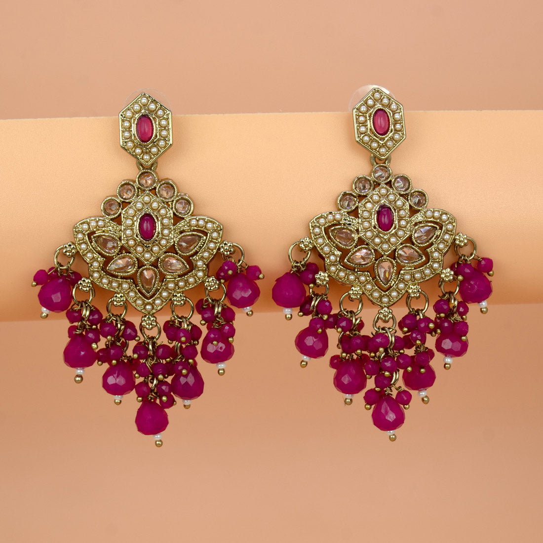 Fashion-Drop-Deep-Pink-Beaded-Earrings