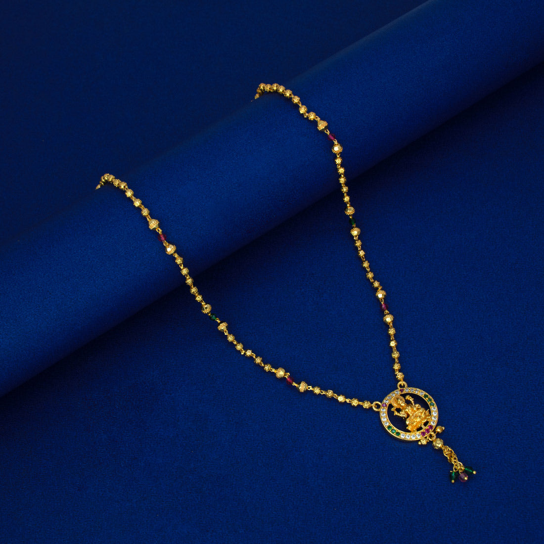 Ethnic Gold Plated Ball Chain Halo Lakshmi Pendant Necklace