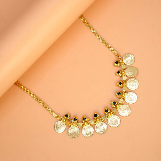 Ethnic Gold Plated Black CZ Head Kasu Necklace
