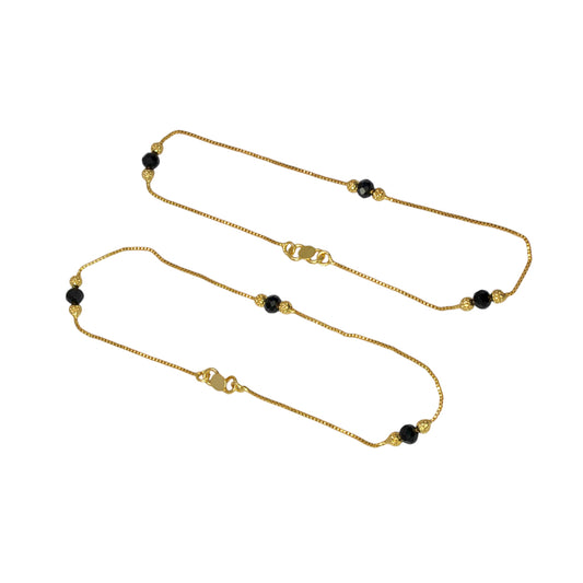 Gold Plated Black Crystal And Golden Beads Anklets Payal
