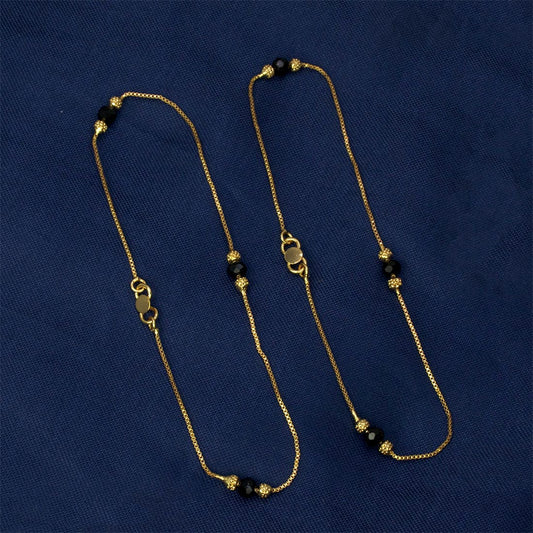 Gold Plated Black Crystal And Golden Beads Anklets Payal
