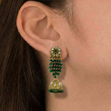 Gold-Plated-Floral-Kundan-Dark-Green-Jhumka-Earrings