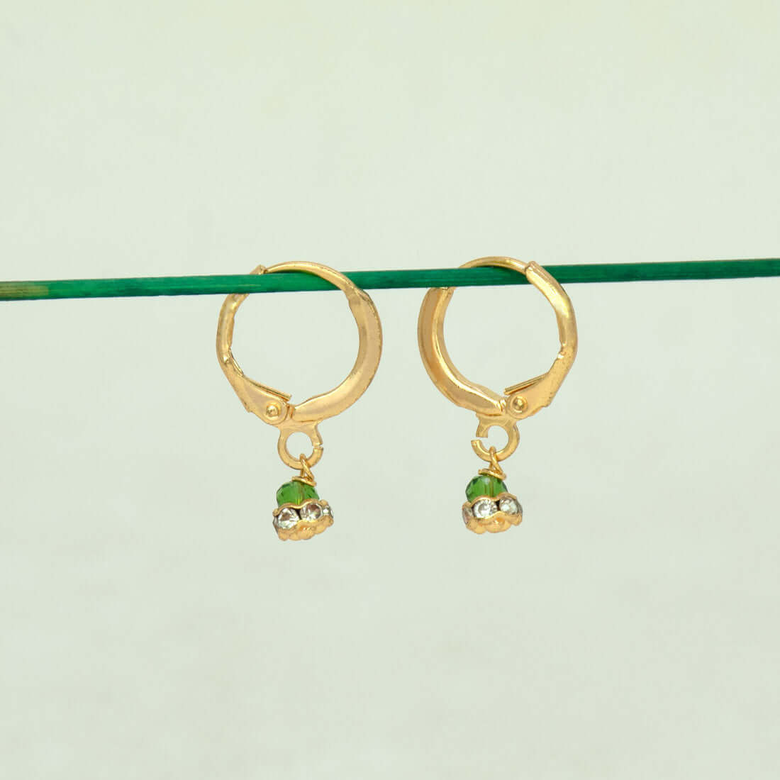 Gold Plated Stone Drop Huggie Hoop Earrings -Green
