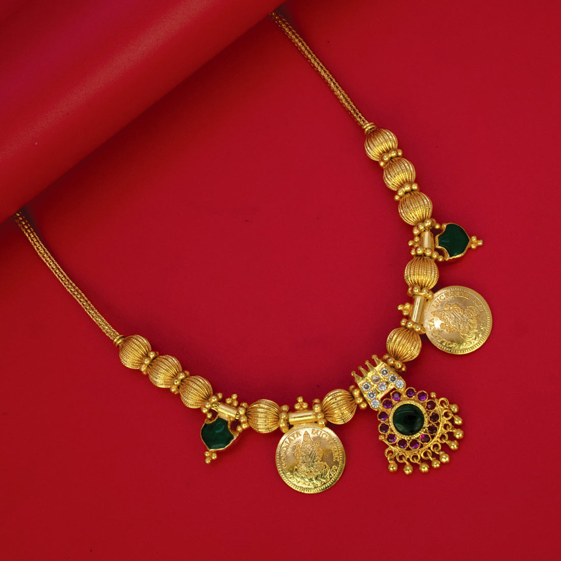 Gold-Plated-Lakshmi-Kasu-Ruby-Palakka-Pendant-Necklace
