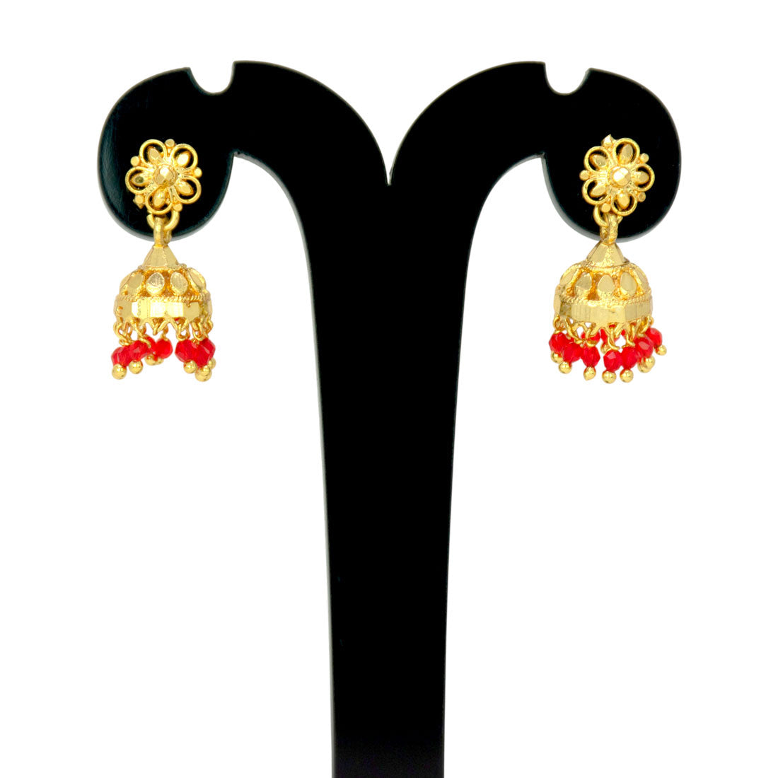 Gold-Plated-Red-Bead-Jhumka-Earrings-Dmo