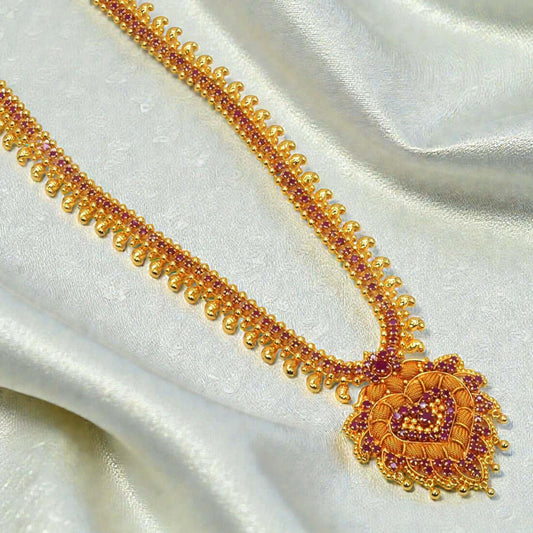 Gold Plated Ruby Mango Heart Pendant Long Necklace