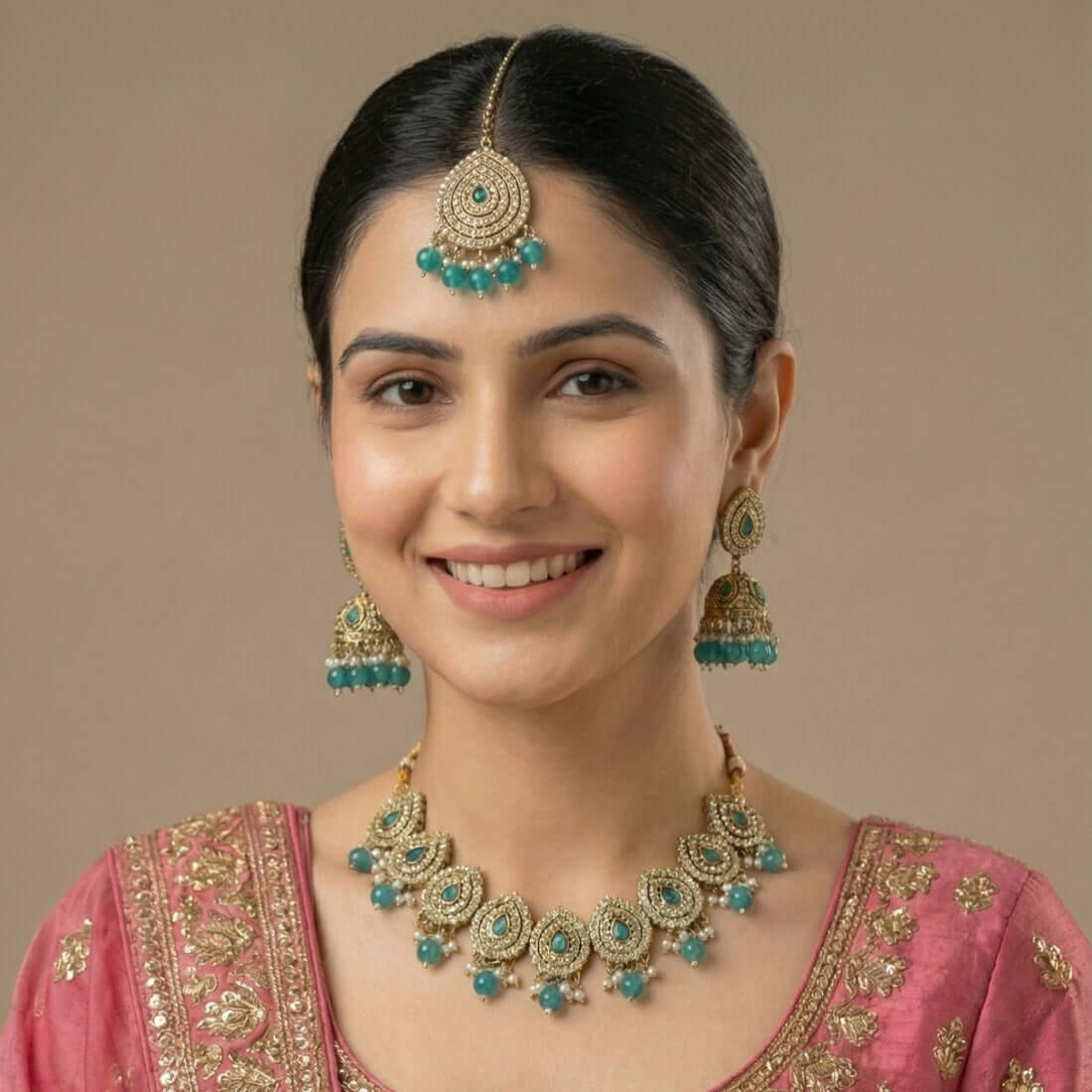 Gold-Plated Kundan and Green Stone Jewellery Set