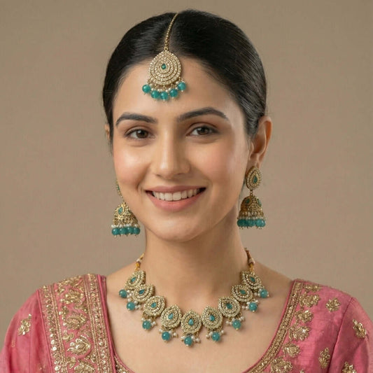 Gold-Plated Kundan and Green Stone Jewellery Set