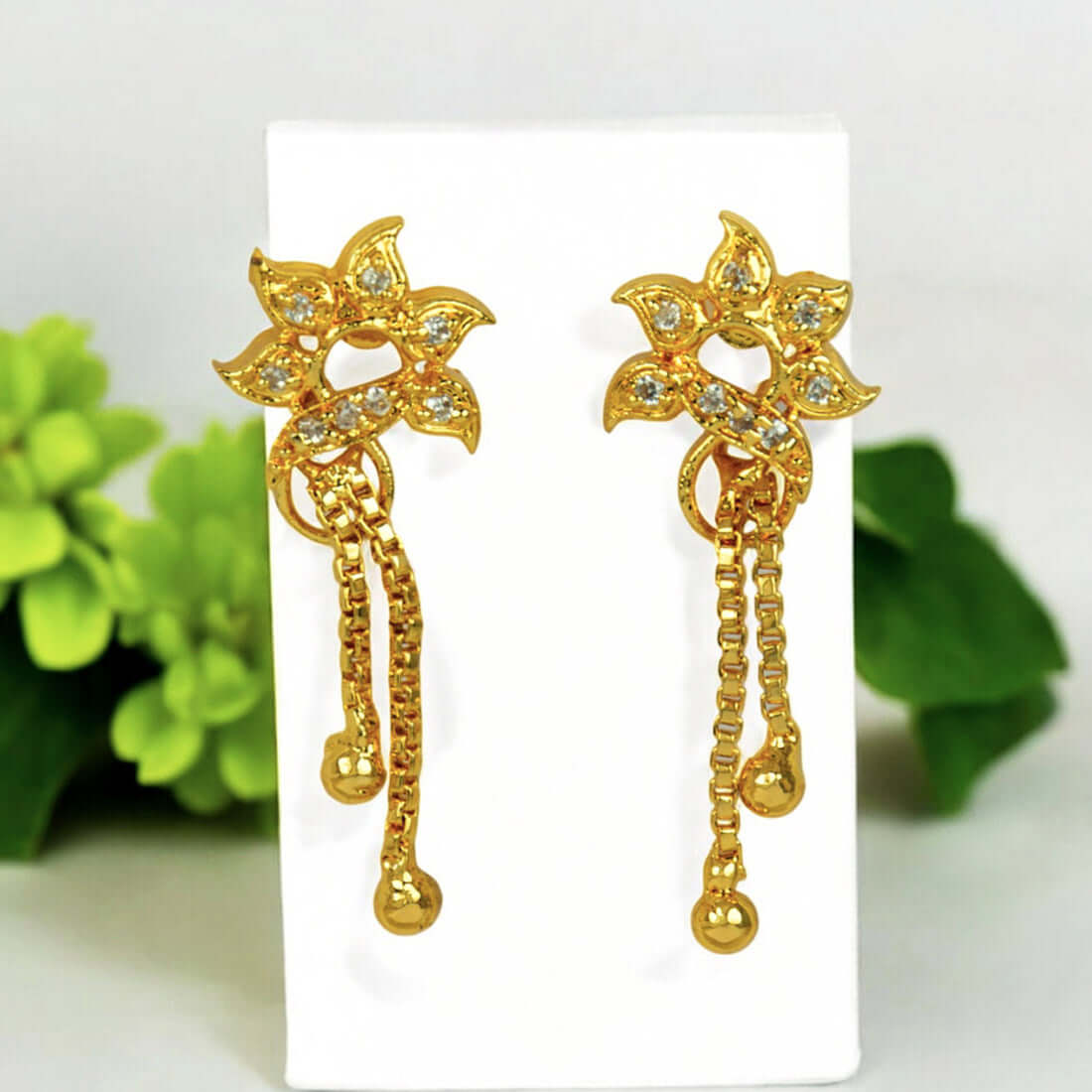 Stylish Gold Plated Box Chain Tassels Floral Stone Earrings - CZ