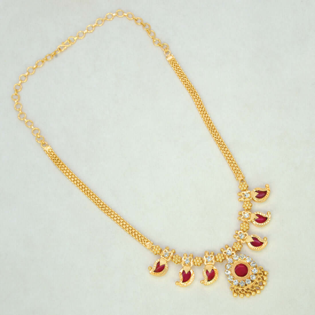 Kerala Traditional Gold Plated Short Mango Necklace- 3 Stone- Red