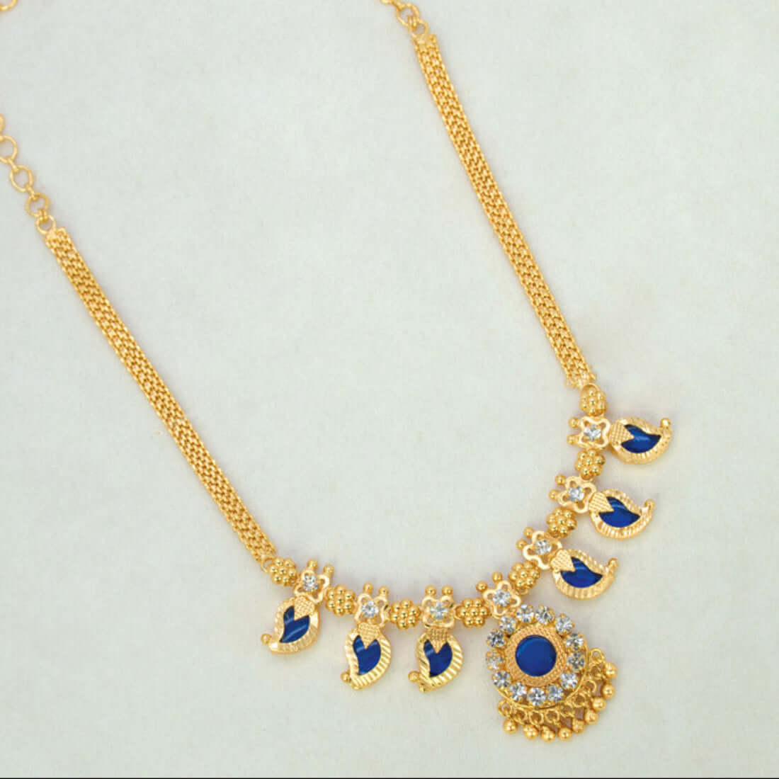 Kerala Traditional Gold Plated Short Mango Necklace- 3 Stone- Blue