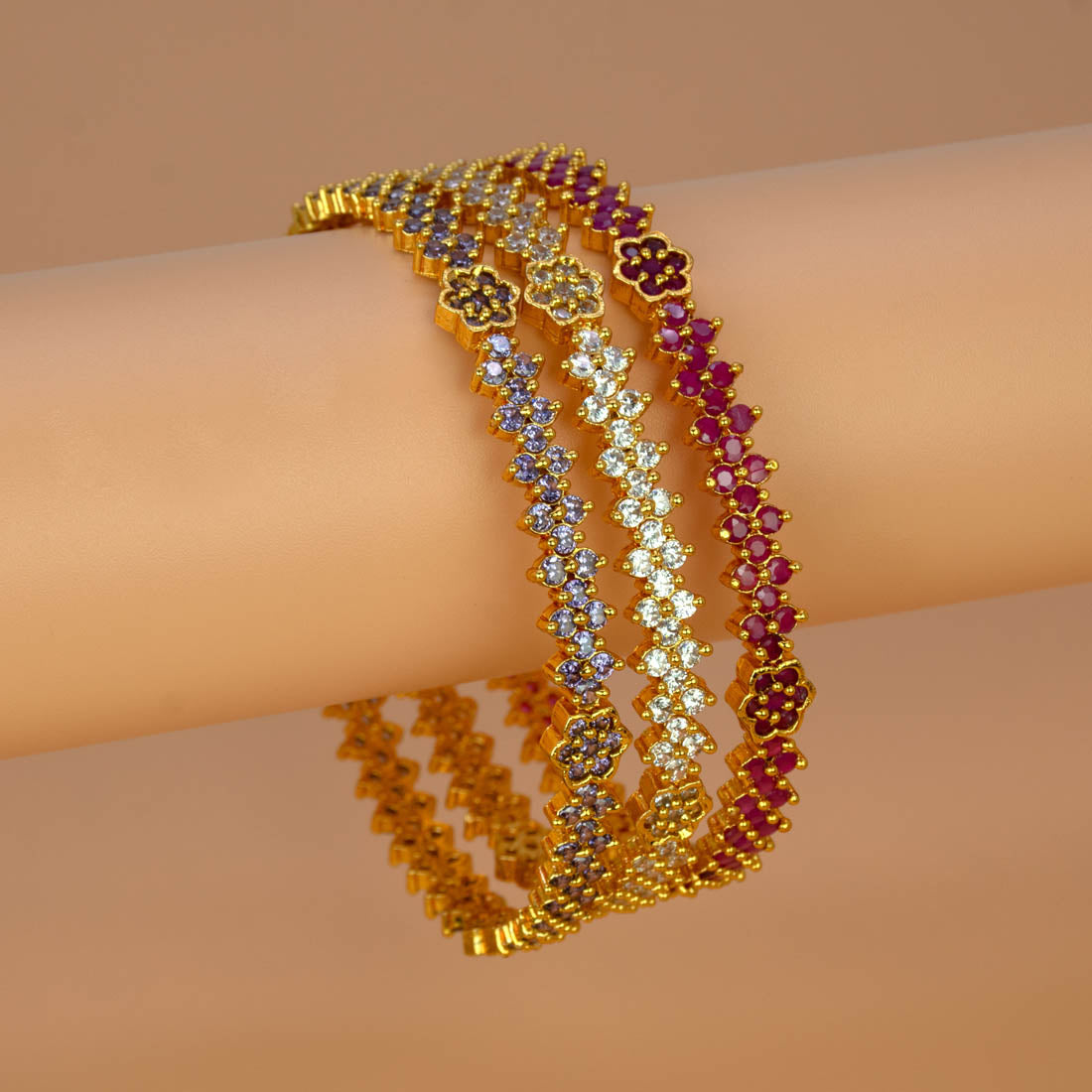 Elegant Gold Plated Floral Semi-precious Stone Bangle