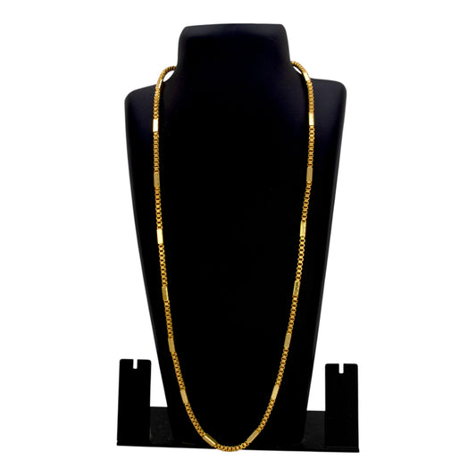 Stylish Gold Plated Thick Box Savitham Chain displayed on a black neck stand, ideal for layering and everyday wear.